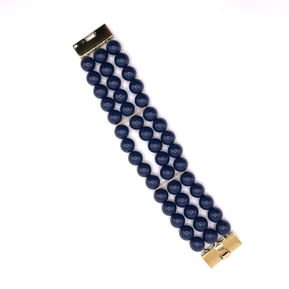 Monet Signed Vintage Navy Blue 3 Row Bead Bracelet Gold Tone Clasp - Picture 7 of 10